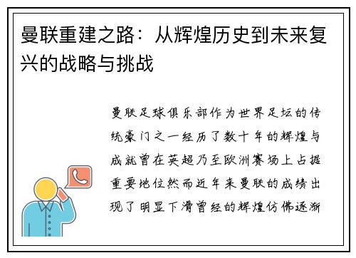 曼联重建之路：从辉煌历史到未来复兴的战略与挑战