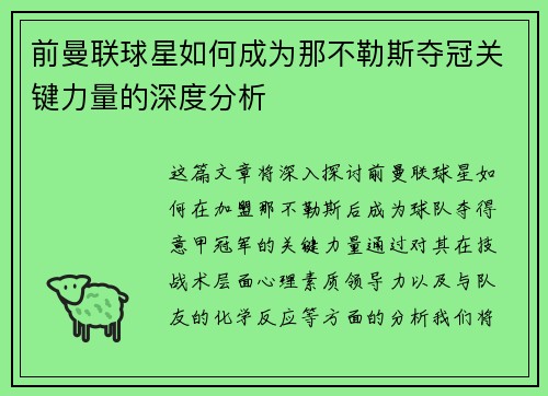 前曼联球星如何成为那不勒斯夺冠关键力量的深度分析