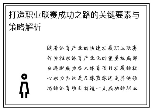 打造职业联赛成功之路的关键要素与策略解析 打造职业联赛成功之路的关键要素与策略解析
