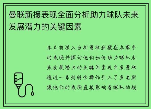 曼联新援表现全面分析助力球队未来发展潜力的关键因素